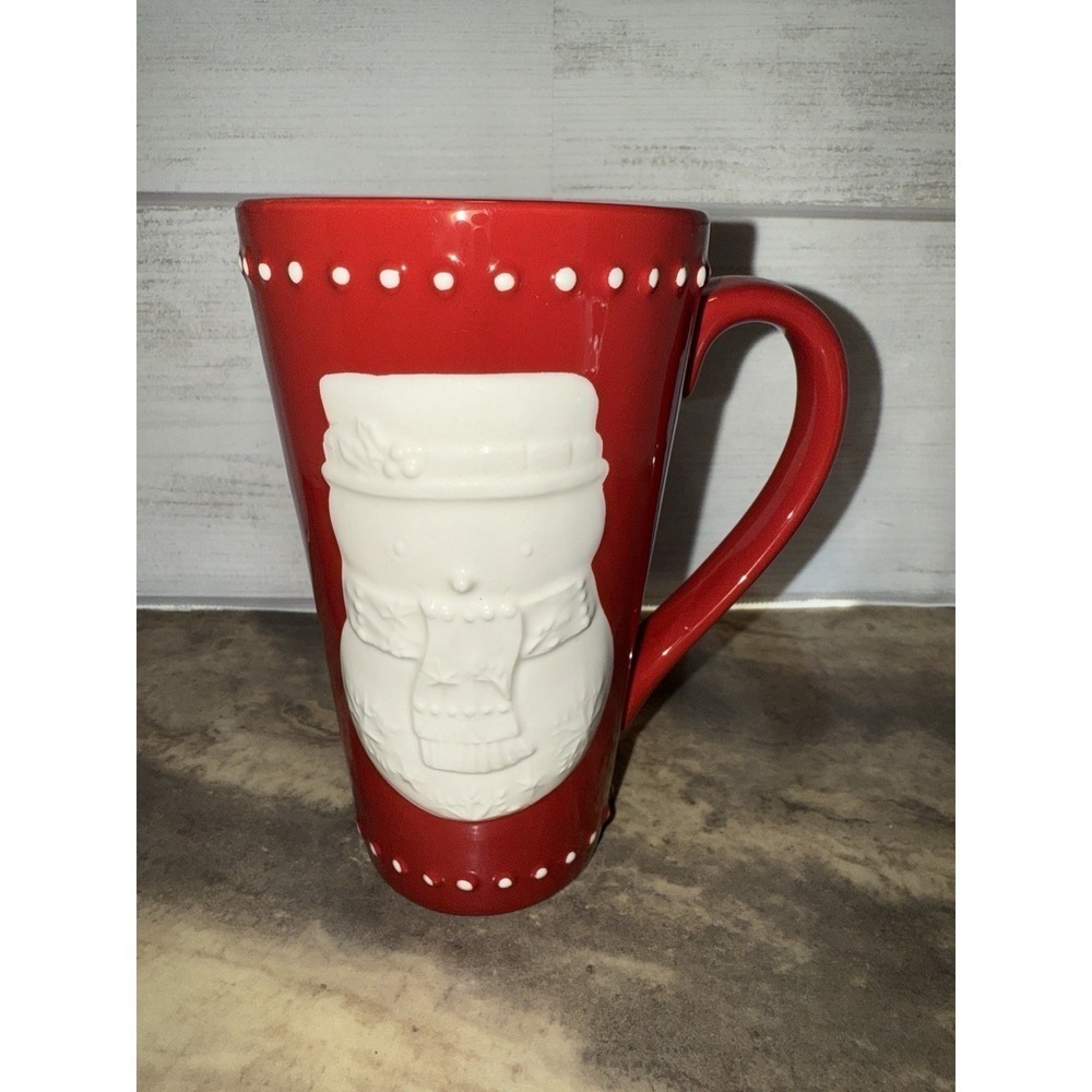 Hallmark Christmas Tall Red Mug: Raised 3D Design White Snowman Winter MINT!